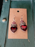 Red Rhinestone Heart Earrings w/Crown