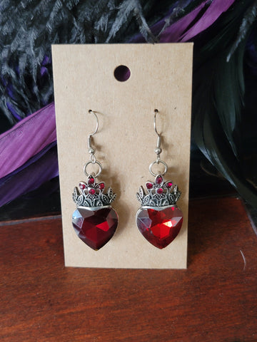 Red Rhinestone Heart Earrings w/Crown