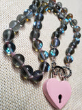 Mermaid Glass Collar w/ Pink Heart Lock and Matching Earrings