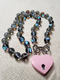 Mermaid Glass Collar w/ Pink Heart Lock and Matching Earrings