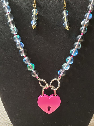 Mermaid Glass Collar w/ Rose Heart Lock and Matching Earrings