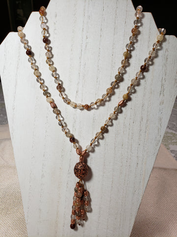 Hand Knotted Amber Agate Mala w/ Copper Guru Bead and markers