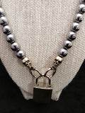 Silver Hematite Collar w/Silver Square Lock & Skulls (10mm)