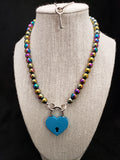 Rainbow Hematite Collar w/ Blue Heart Shaped Lock (8mm)
