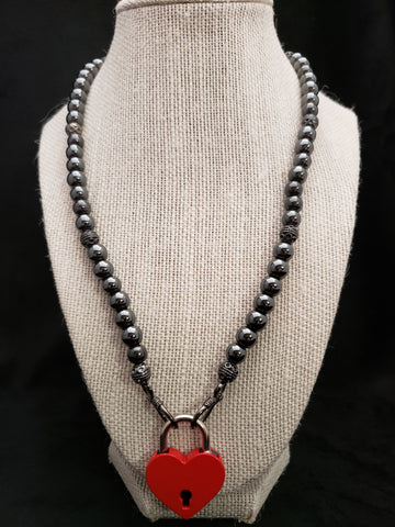 Black Hematite Collar w/Red Heart Lock (8mm)